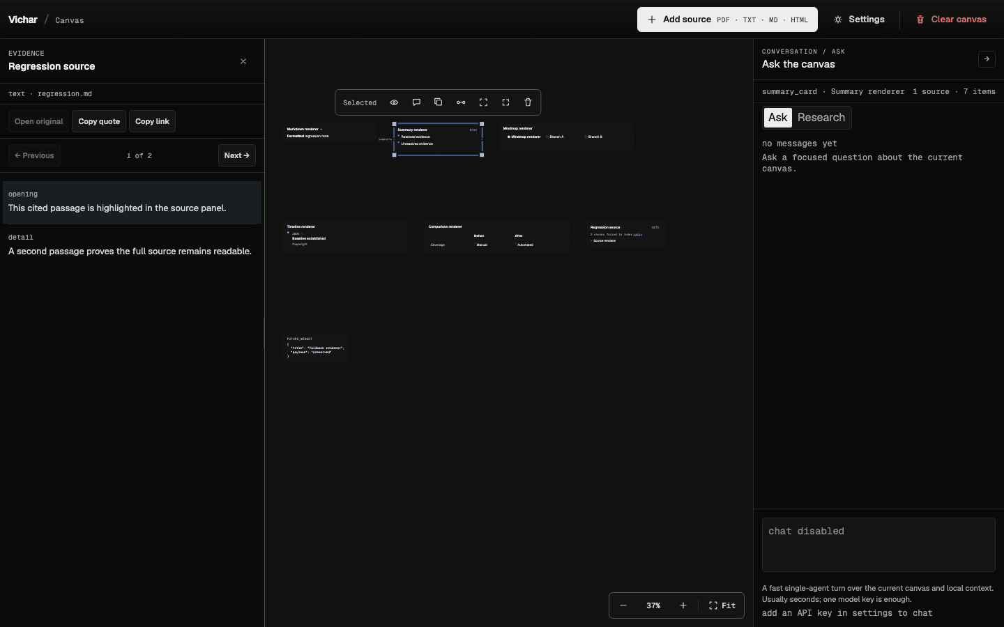 Vichar canvas with research nodes, a cited source dock, and agent panel