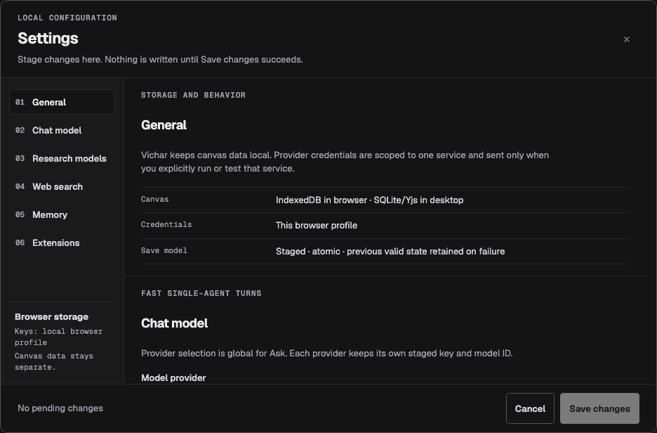 Vichar settings showing local canvas storage and staged credential changes
